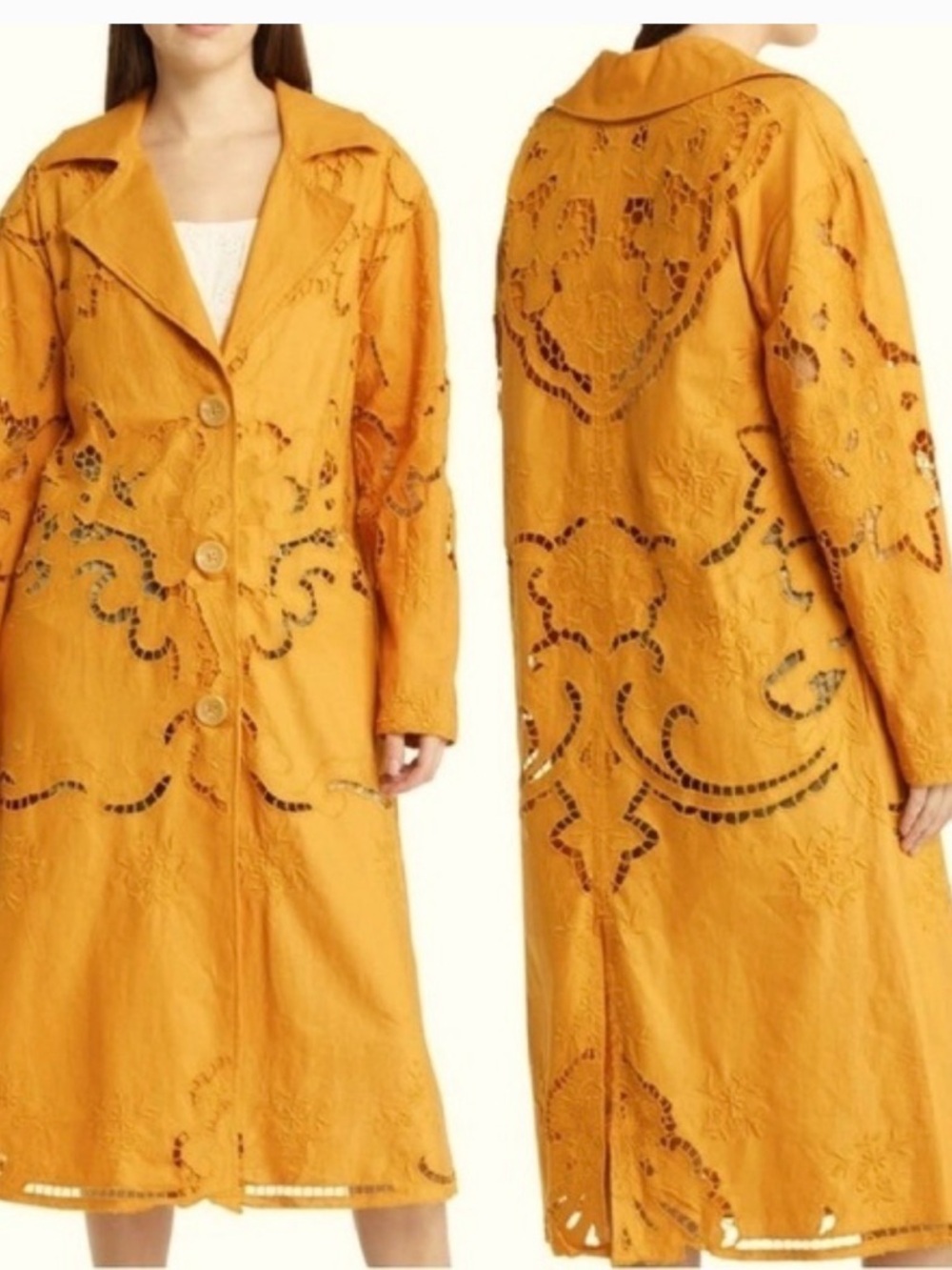 Free People Susanna Mustard Cutwork Eyelet Lace Longline Dress Coat
